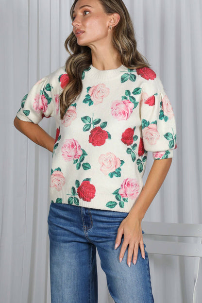 English Roses Crew Neck Cozy Soft Knit Sweater