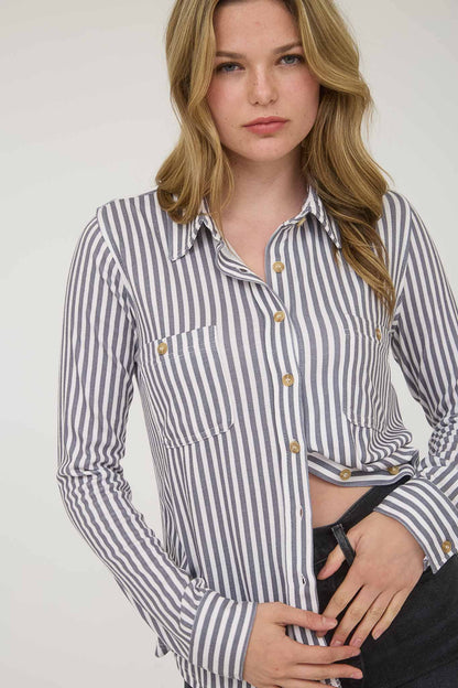 STRIPE COLLARED LONG SLEEVE BUTTON DOWN SHIRT
