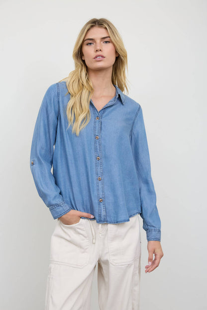 Chambray Collared 3/4 Tab Sleeve Button Down