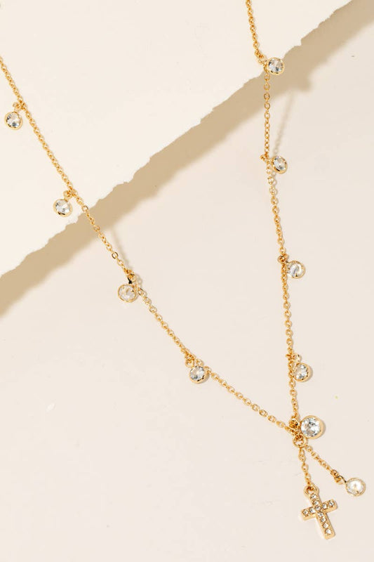 Pave Cross And Rhinestone Charms Chain Necklace - Whimsical Details - ["cross","necklace","rhinestone"]