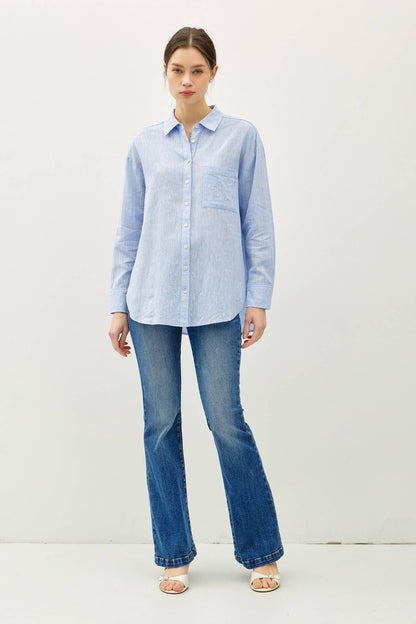 COTTON LINEN BLEND LONG SLEEVE BUTTON UP SHIRT - Whimsical Details - ["button down","button up","buttons","denim shirt","Long sleeve","shirt"]