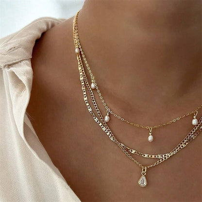 BRENNA MULTI LAYER STONE CHAIN TEARDROP CHARM NECKLACE