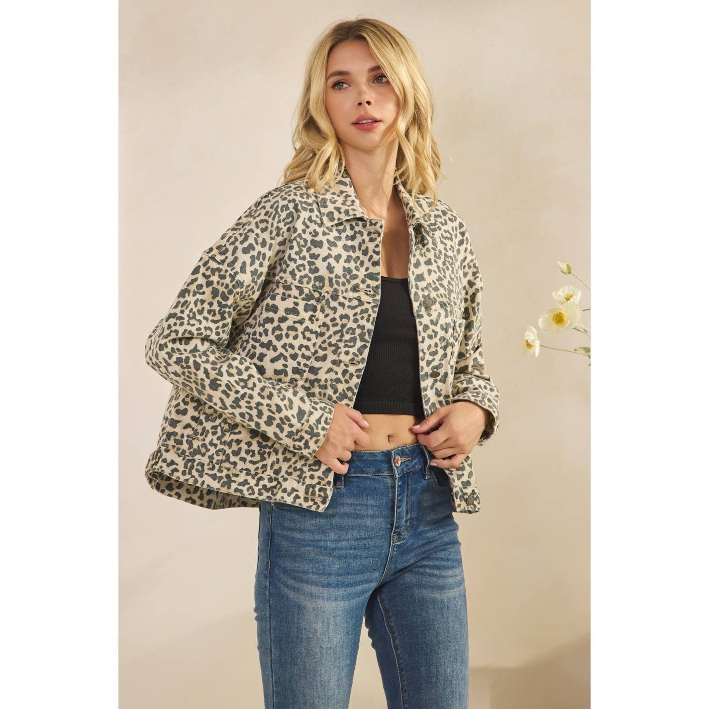 Leopard Printed Denim Jacket - Whimsical Details - ["Jacket","Jean jacket","leopard","leopard jacket","Safari Jacket"]