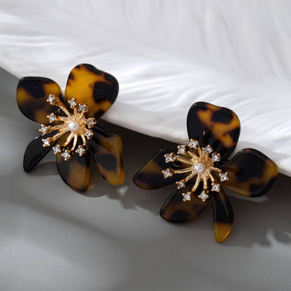Tortoise Flower Rhinestone Sunburst Earrings