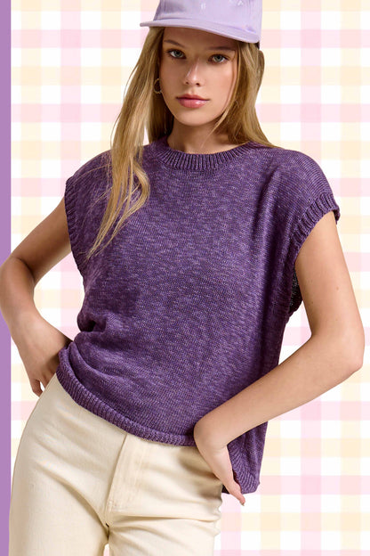 Loose Fit Sleeveless Ribbed Knit Crew Neck Top - Whimsical Details - ["Milk","sweater Tank","tank","tank top"]