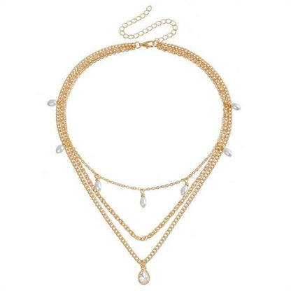 BRENNA MULTI LAYER STONE CHAIN TEARDROP CHARM NECKLACE