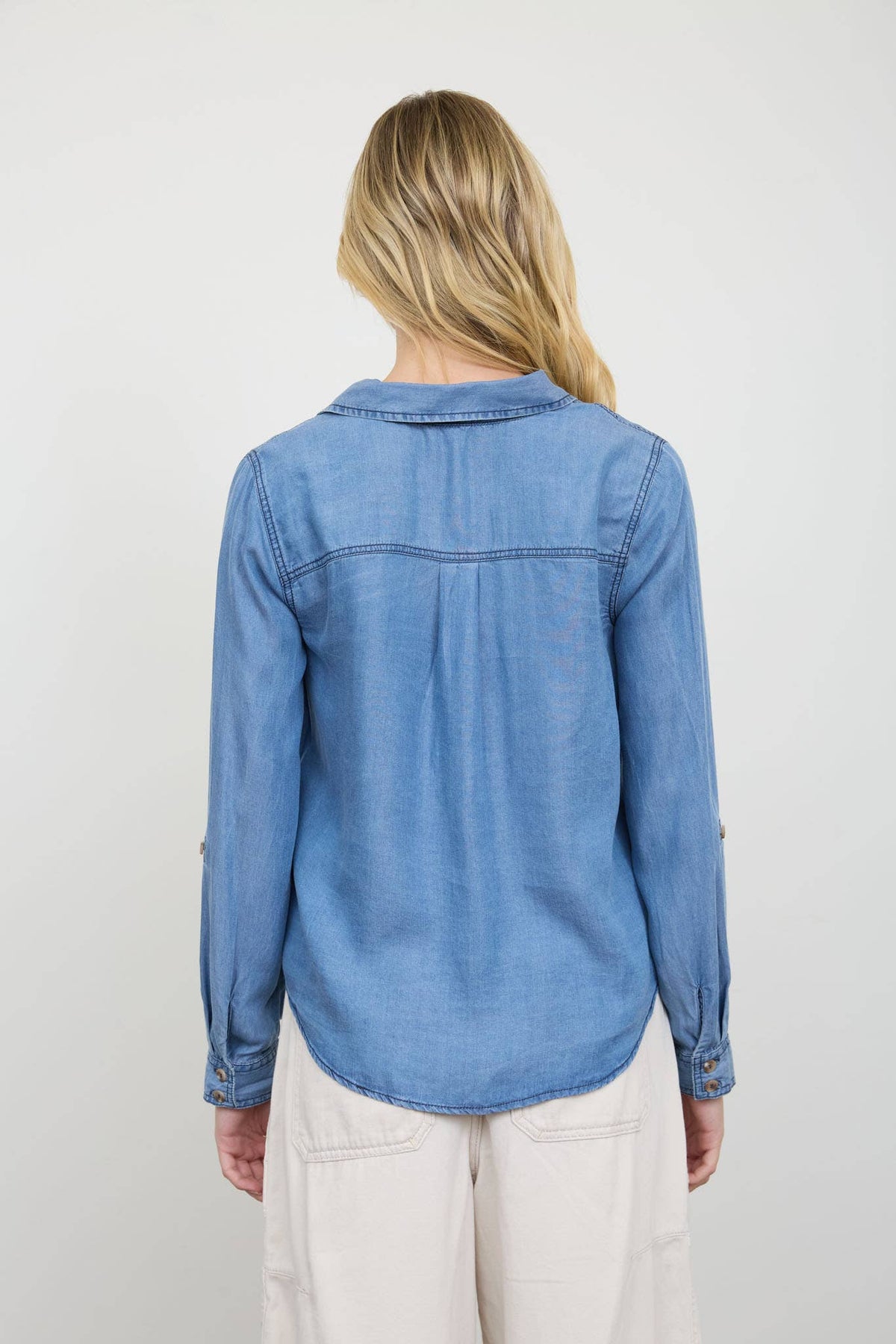 Chambray Collared 3/4 Tab Sleeve Button Down