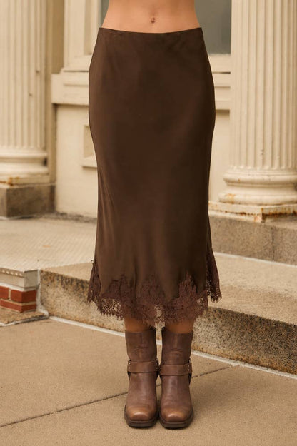 Satin Lace Hem Slip-on Pencil Skirt