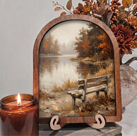 Arch Fall Cozy Bench By Lake Framed Art