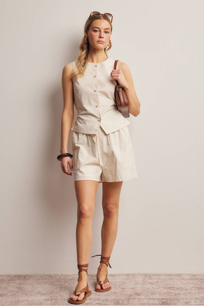 Linen Blend Button-Front Vest Top