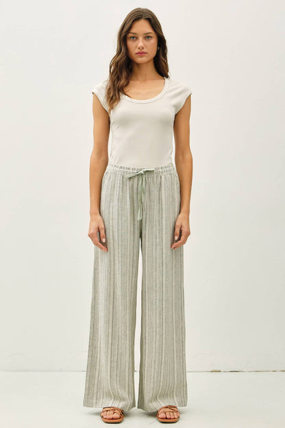 29" INSEAM STRIPED LINEN WIDE LEG PANTS - Whimsical Details - ["flouncy pants","green pants","linen pants","pants","stripe","striped","stripes","sweat pants"]