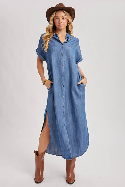 Denim Button Down Side Slit Shirt Maxi Dress