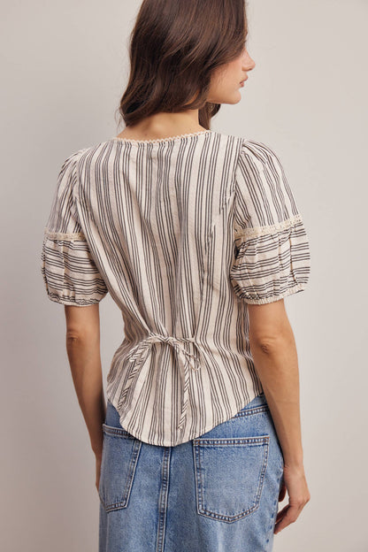 Striped Lace-Trim Puff Sleeve Blouse