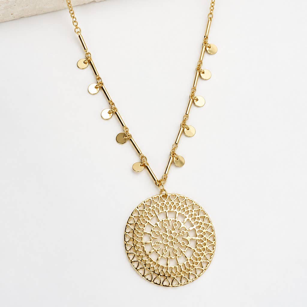Gold-Tone Filigree Medallion Disc Drop Necklace
