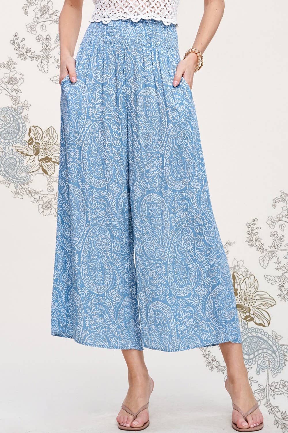 Boho Paisley Print Wide Leg Flowy Pants with Pockets - Whimsical Details - ["Flare pants","flouncy pants","pants","Spring"]