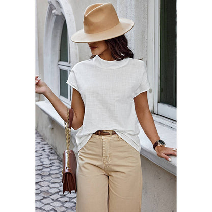 Mock Neck Solid Short Sleeve Blouse