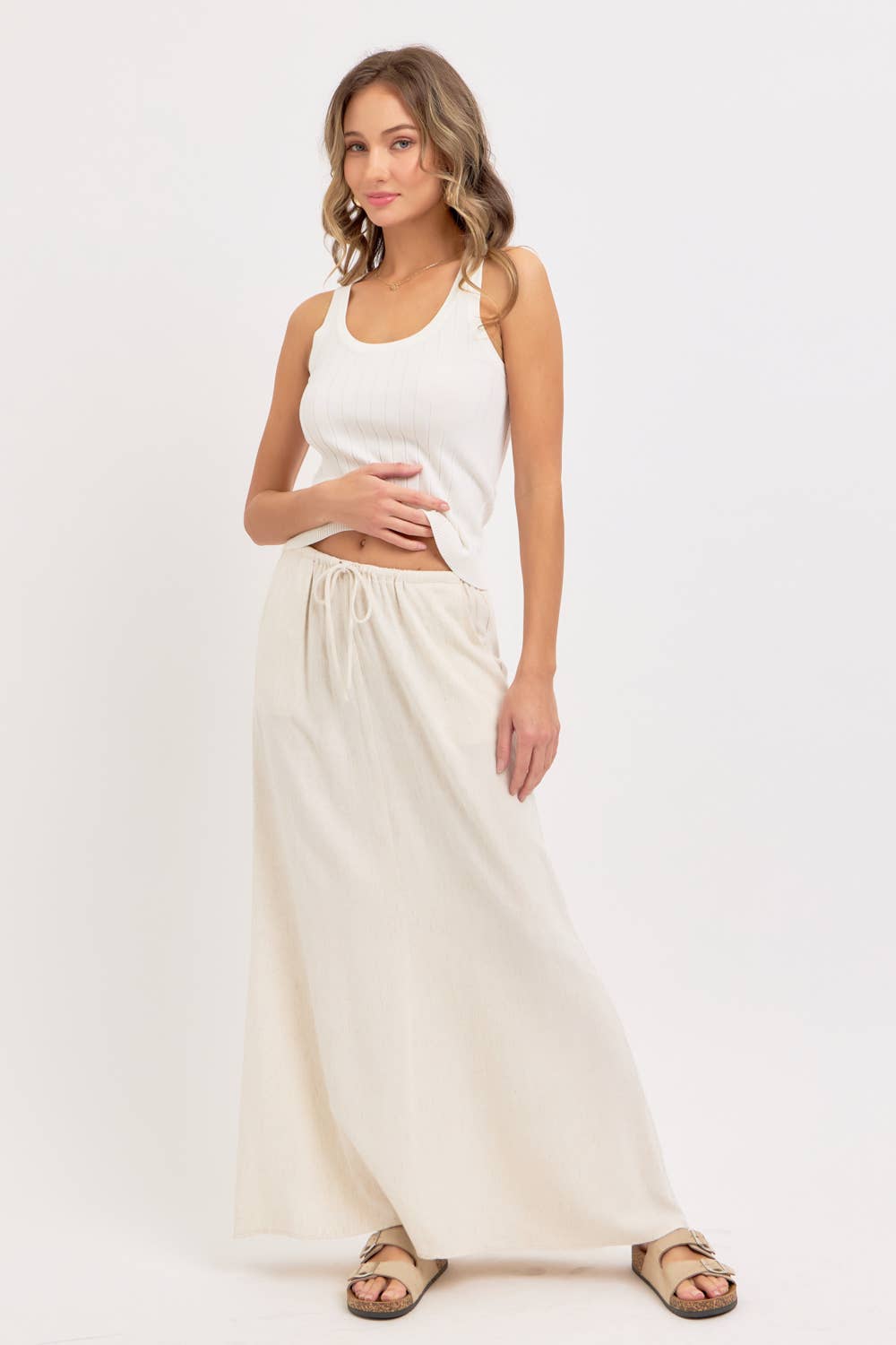 LINEN PULLOVER MAXI SKIRT - Whimsical Details - ["linen","Linen Dress","midi skirt","oatmeal","skirt"]