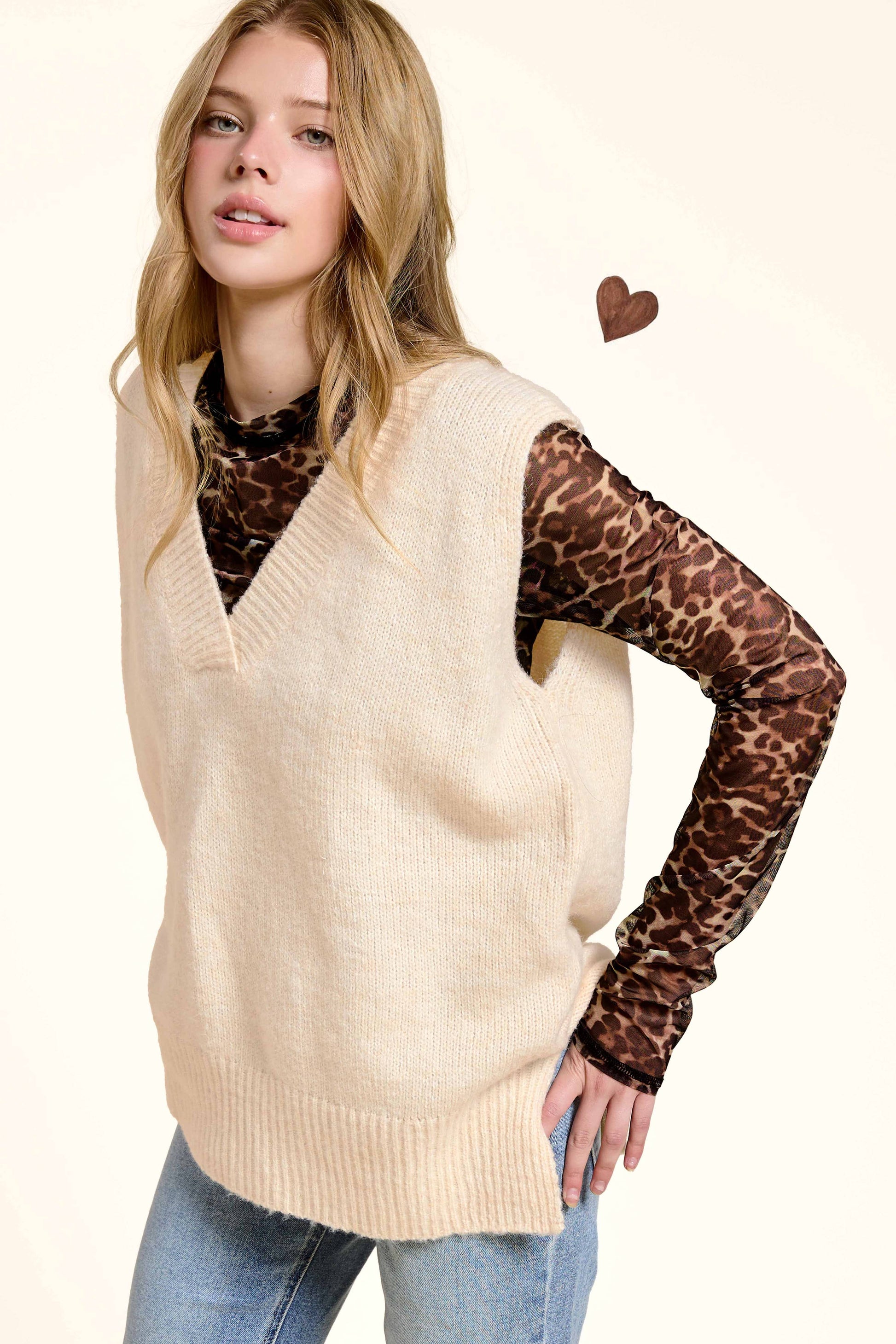 Oversized Soft Knit Sweater Vest with Side Slit - Whimsical Details - ["black sweater","sweater","Sweater Vest","v neck","vest"]