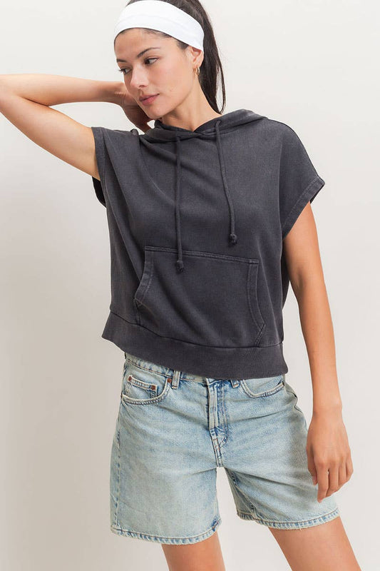 Acid Washed Sleeveless Hooded Kangaroo Pocket Top