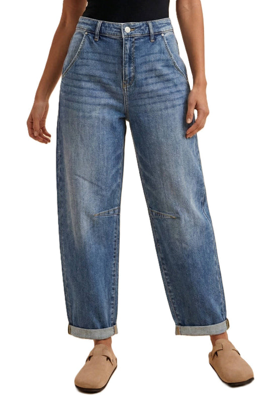 Stretch Denim Loose Fit Roll Up Barrel-leg Jean