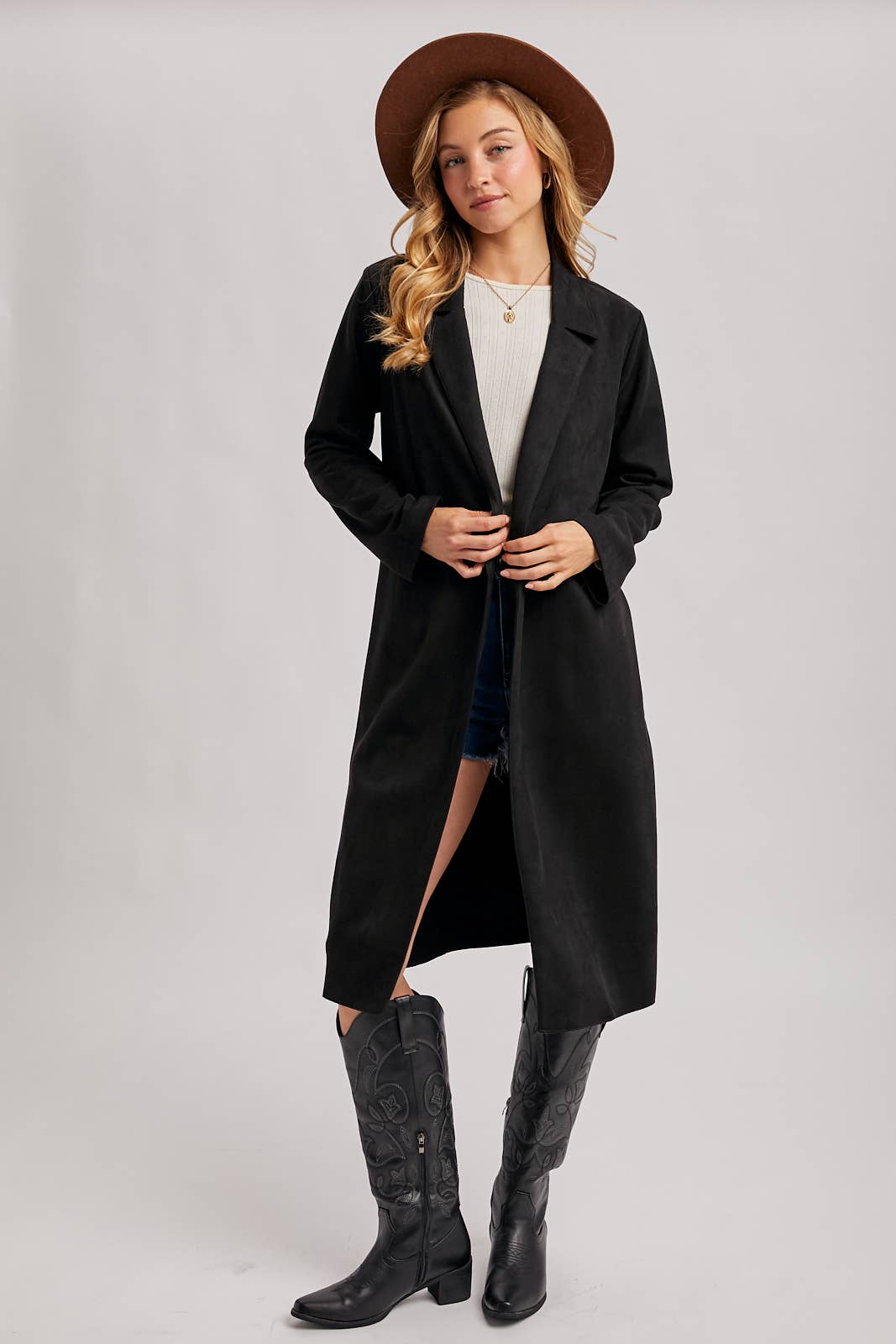 FAUX SUEDE LONGLINE OPEN FRONT COAT