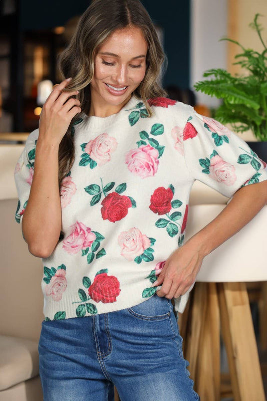 English Roses Crew Neck Cozy Soft Knit Sweater