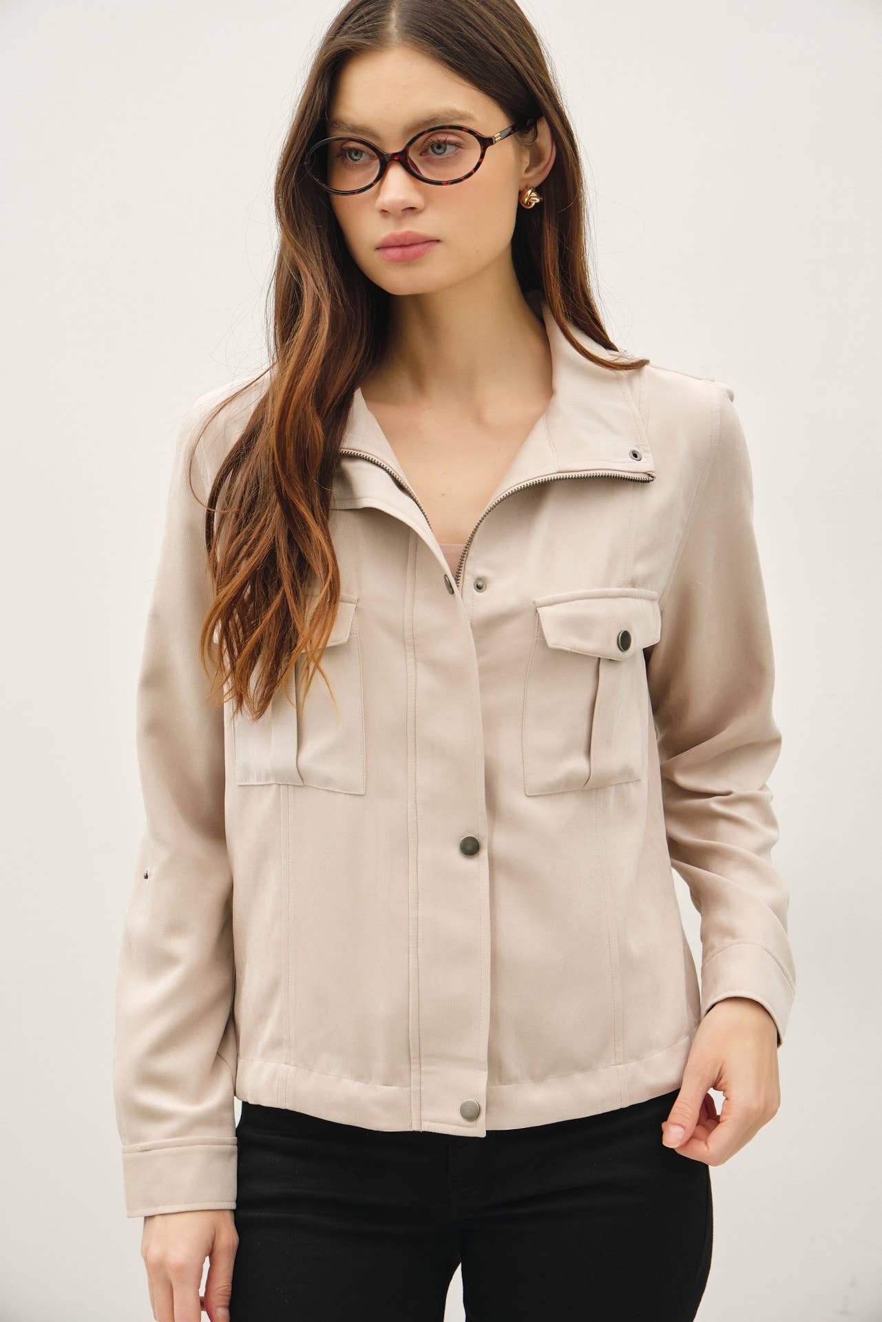 Cropped Utility Zipper Safari Jacket - Whimsical Details - ["Jacket","Safari Jacket","Sand","sand beige","utility jacket","zip","zip up"]