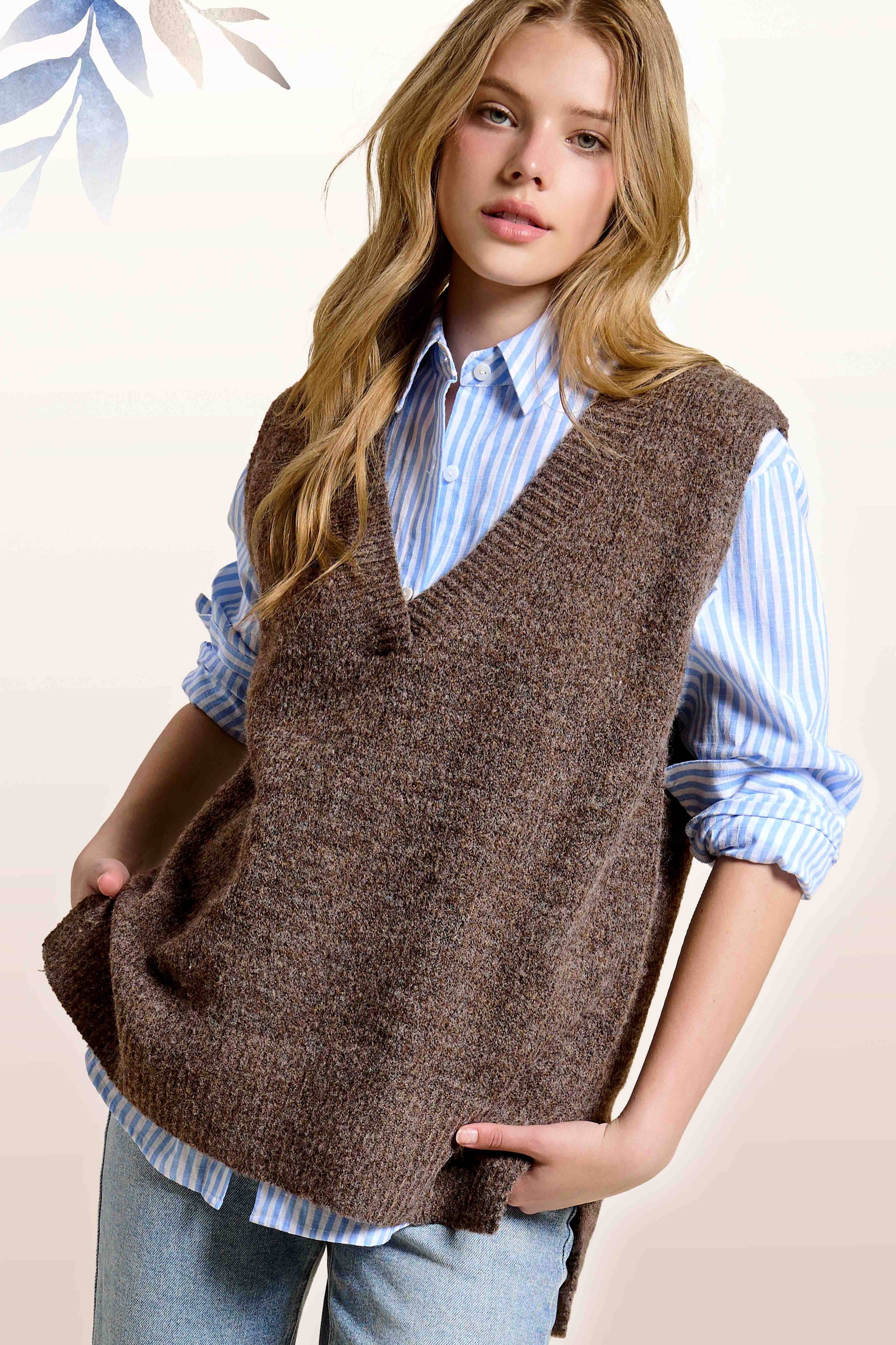Oversized Soft Knit Sweater Vest with Side Slit - Whimsical Details - ["black sweater","sweater","Sweater Vest","v neck","vest"]