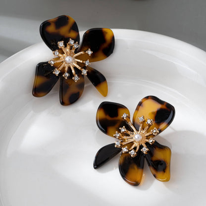 Tortoise Flower Rhinestone Sunburst Earrings