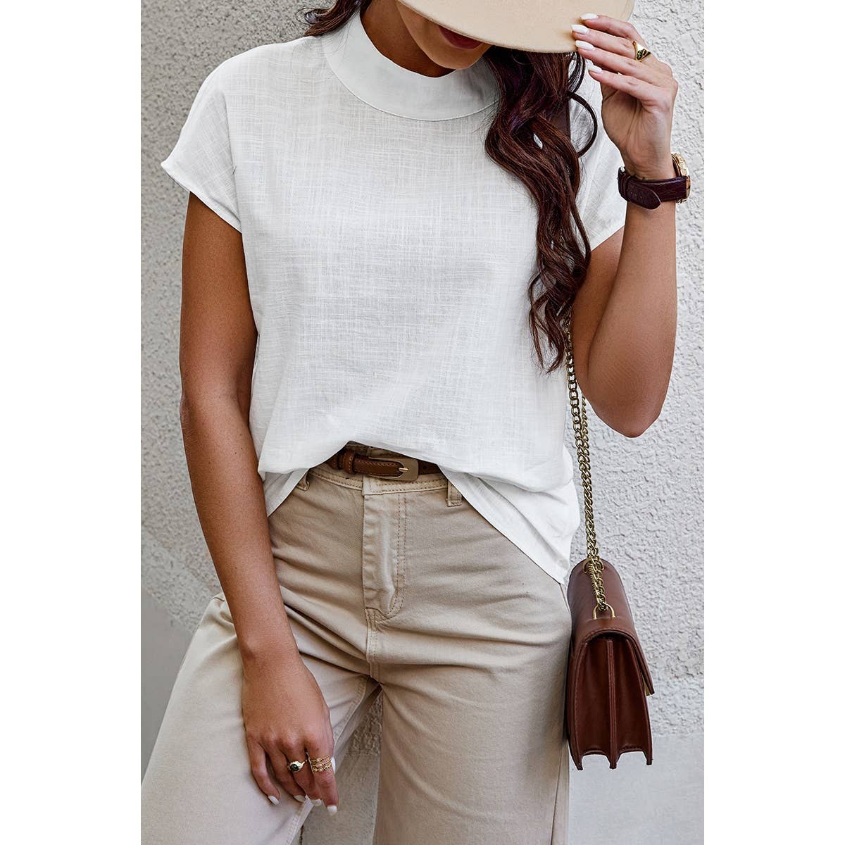 Mock Neck Solid Short Sleeve Blouse