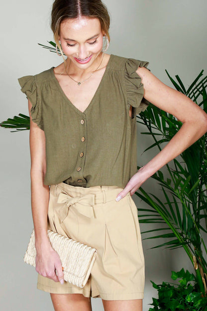 V-Neck Ruffle Sleeve Cotton Linen Blouse Top