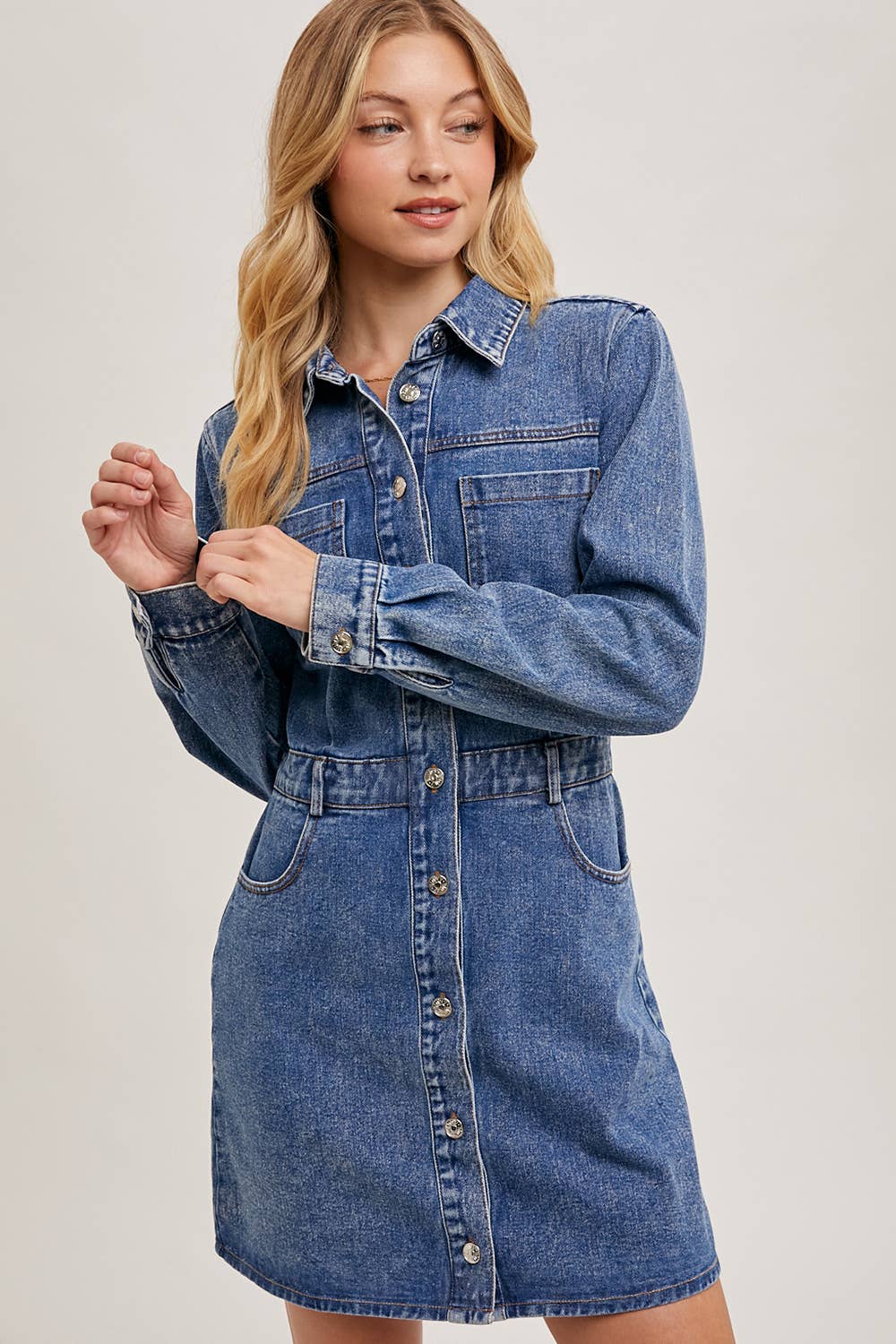 Denim Button Down Mini Dress - Whimsical Details - denim dress, Long sleeve, transition