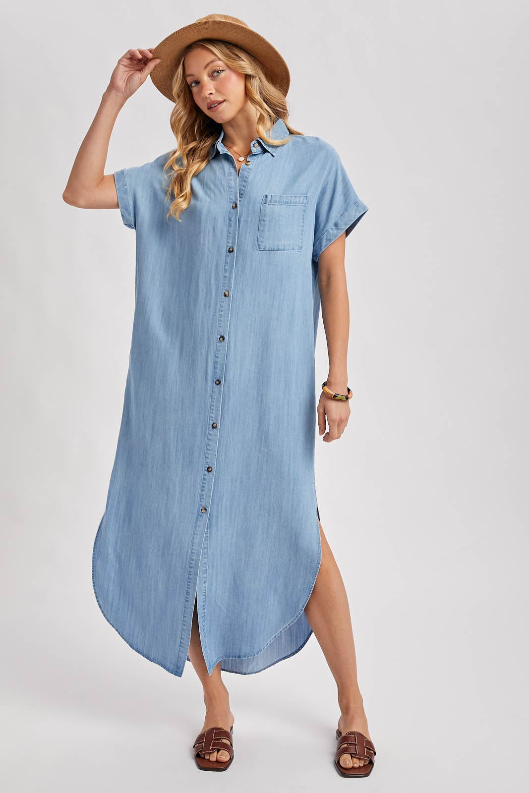 Denim Button Down Side Slit Shirt Maxi Dress
