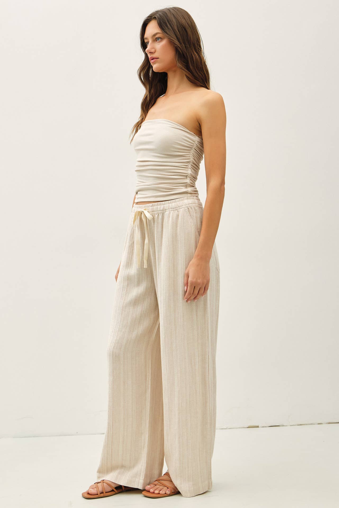 29" INSEAM STRIPED LINEN WIDE LEG PANTS - Whimsical Details - ["flouncy pants","green pants","linen pants","pants","stripe","striped","stripes","sweat pants"]