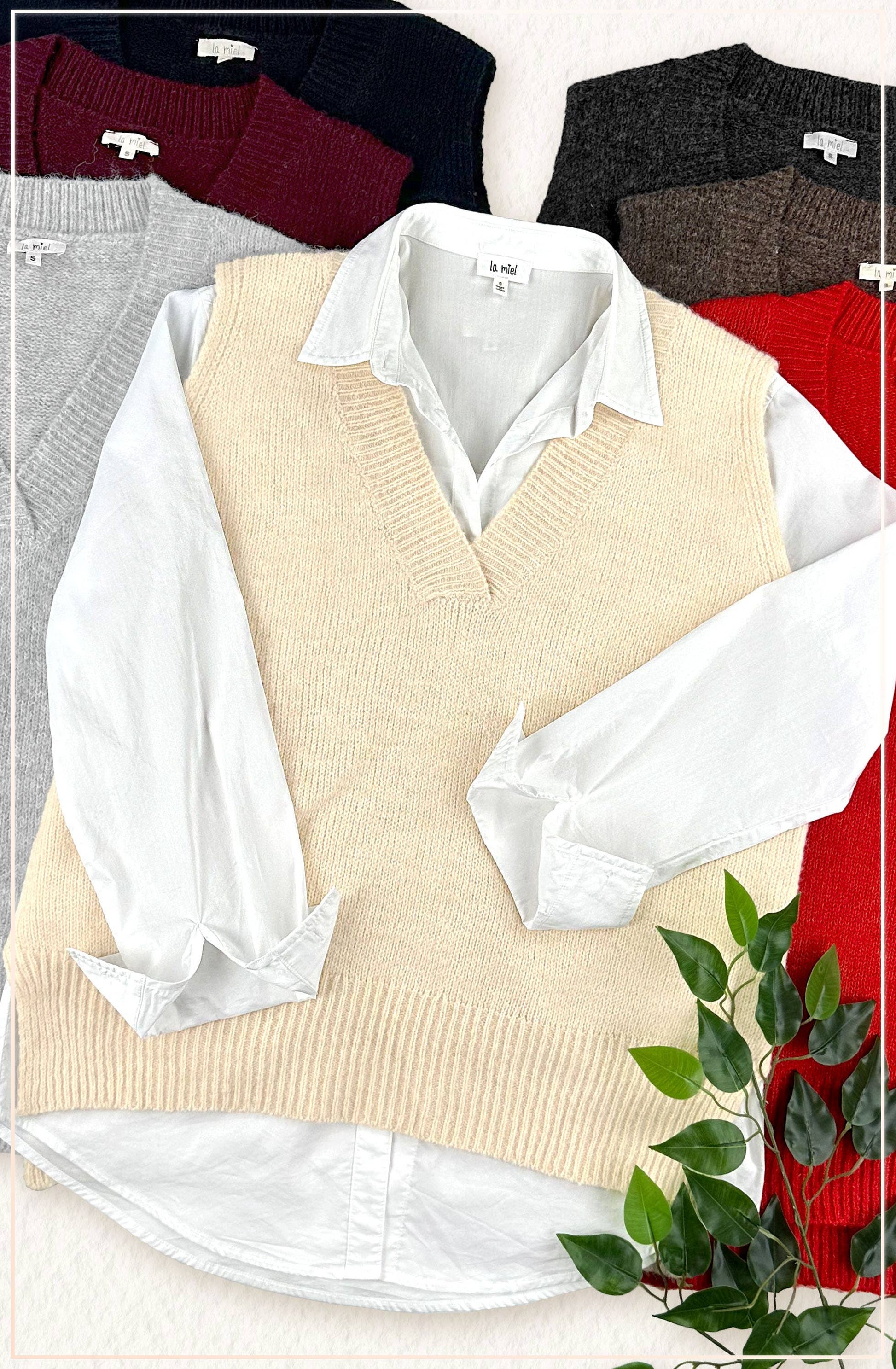 Oversized Soft Knit Sweater Vest with Side Slit - Whimsical Details - ["black sweater","sweater","Sweater Vest","v neck","vest"]