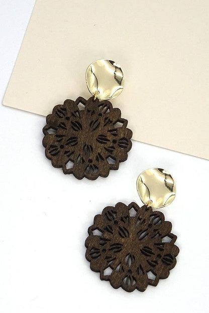 Danica Round Laser Cutout Wood Earrings