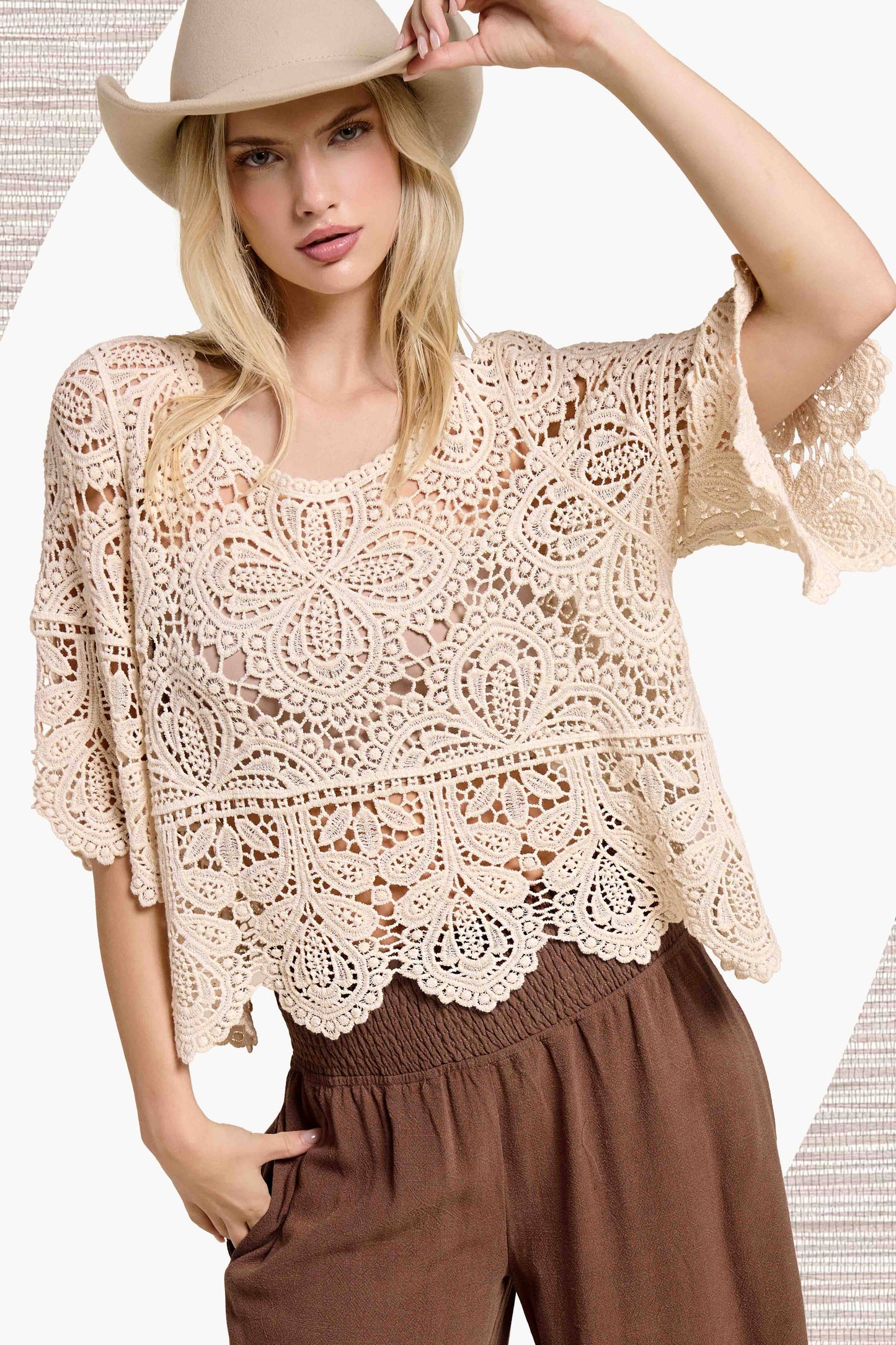 Floral Crochet Layering Top with 3/4 Bell Sleeves