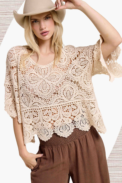 Floral Crochet Layering Top with 3/4 Bell Sleeves