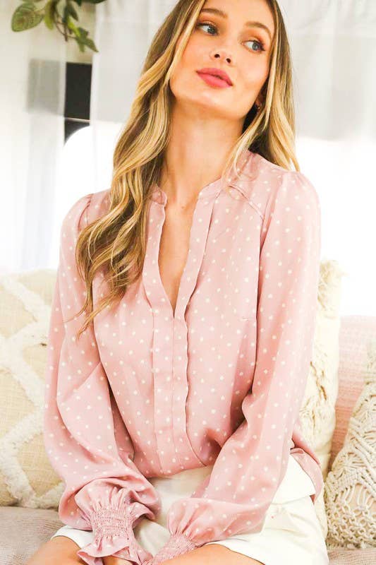 V-Neck Dot Print Long Puff Sleeve Blouse Top - Whimsical Details - ["Blouse","Blush","Long sleeve","Puff Sleeve","puffy sleeve","top","tops"]
