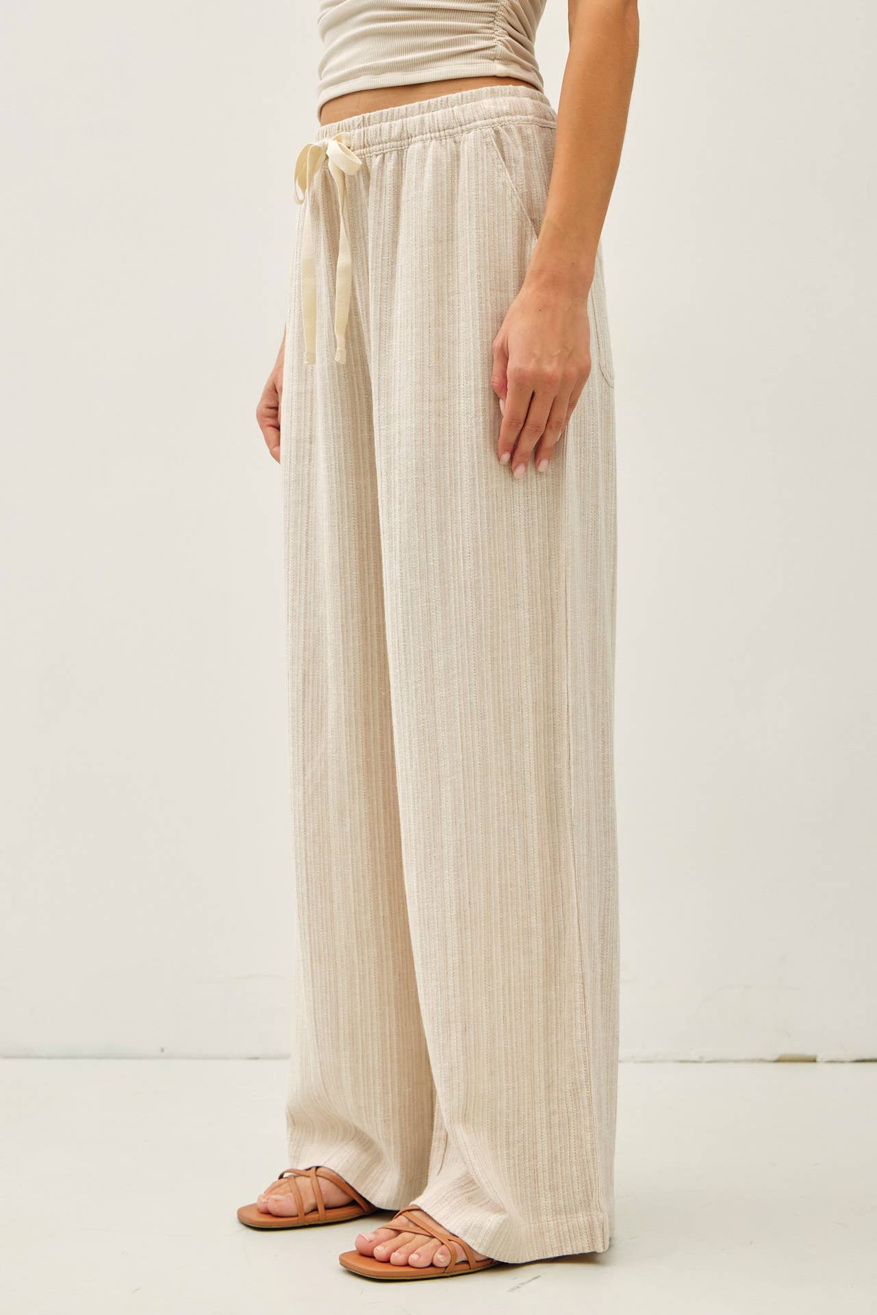 29" INSEAM STRIPED LINEN WIDE LEG PANTS - Whimsical Details - ["flouncy pants","green pants","linen pants","pants","stripe","striped","stripes","sweat pants"]
