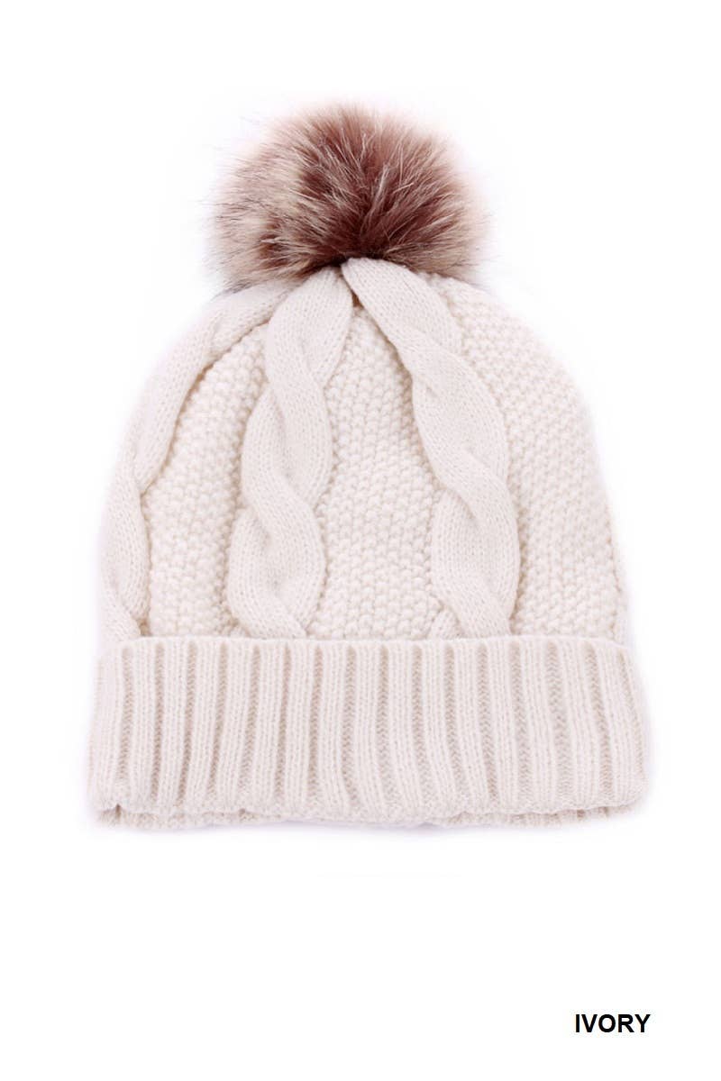 Cable Knit Pom Pom Lined Beanie