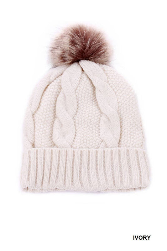 Cable Knit Pom Pom Lined Beanie