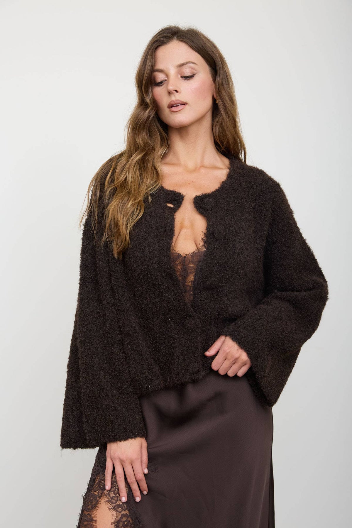 Fuzzy Knit Button Down Boxy Cardigan