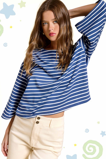 Striped Semi Crop Top with 3/4 Bell Sleeves