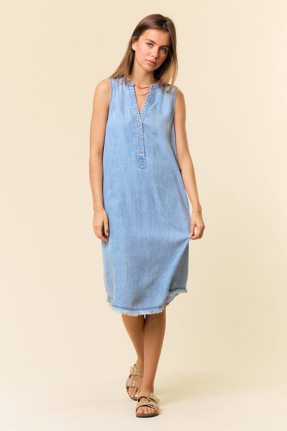 Tencel Denim Knee Length Sleeveless Henley Dress - Whimsical Details - ["denim dress","light blue","tencel"]