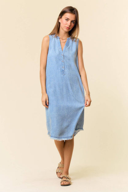 Tencel Denim Knee Length Sleeveless Henley Dress - Whimsical Details - ["denim dress","light blue","tencel"]