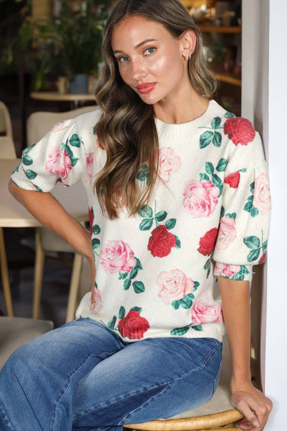 English Roses Crew Neck Cozy Soft Knit Sweater
