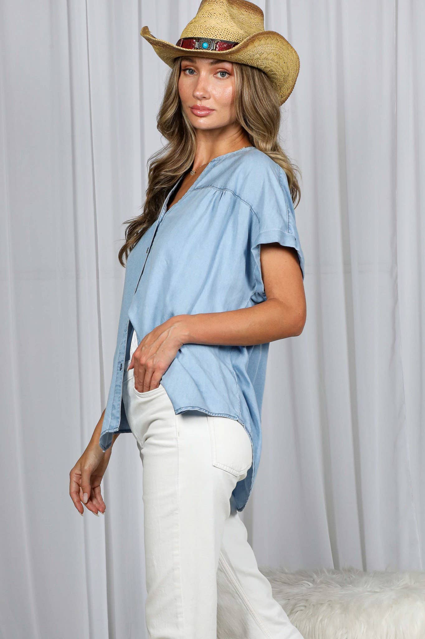 V Neck Collared 100% Tencel Chambray Shirt