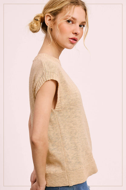 Loose Fit Sleeveless Ribbed Knit Crew Neck Top - Whimsical Details - ["Milk","sweater Tank","tank","tank top"]