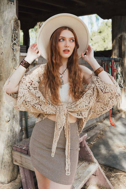 Crochet Floral Petal Kimono Wrap - Whimsical Details - ["kimono","lace","mocha","tie waist"]